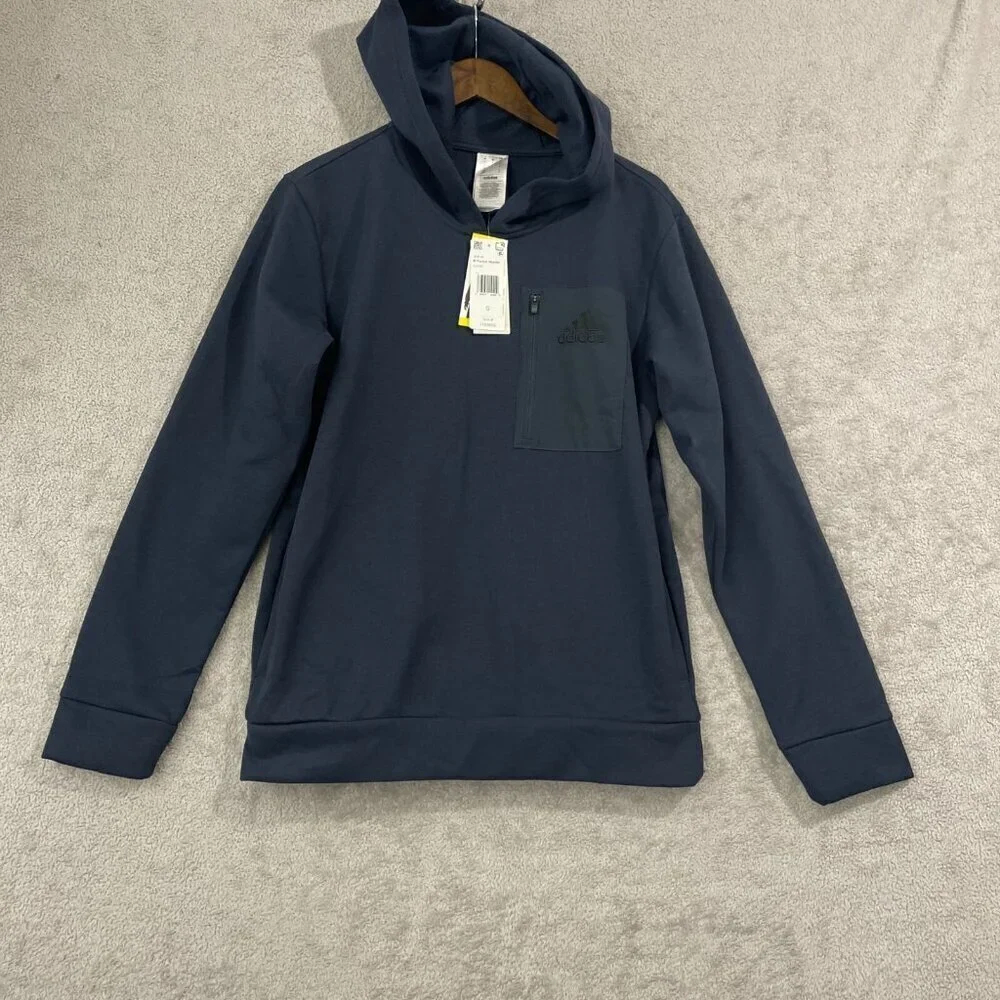 NEW Adidas Men's S Blue Hooded Sweatshirt With Zip Pocket 100% Polyester